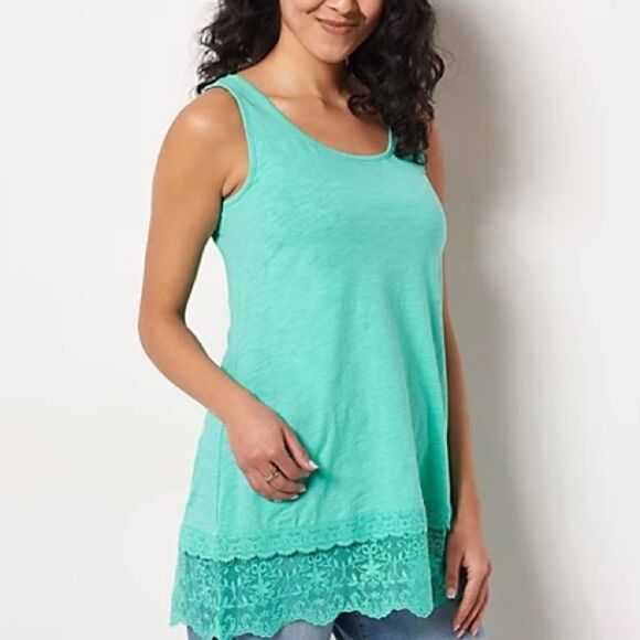 LOGO Layers by Lori Goldstein Cotton Slub Lace Hem Tank - Picture 2 of 5